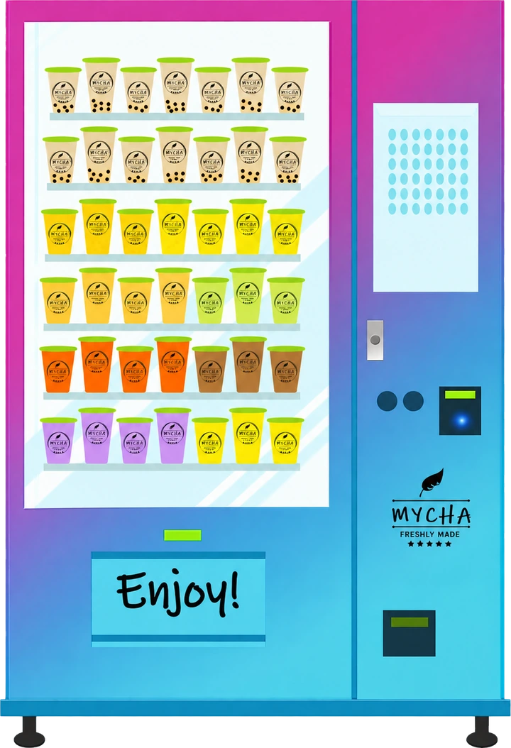 A Mycha vending machine stocked with cups of milk tea, fruit tea and boba